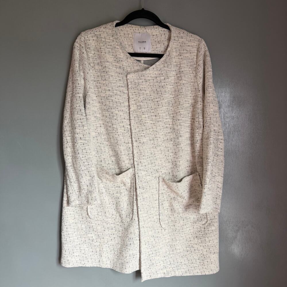 PULL & BEAR Women's Med Euro Large Open Front Soft Tweed Style Oatmeal Cardigan